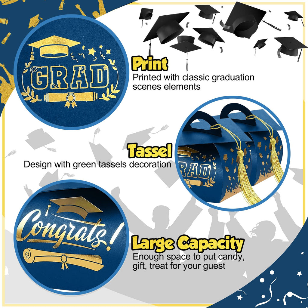 Spakon 30 Pcs Graduation Cap Gift Box Graduation Party Favors Candy Boxes Treat Box with Tassel Table Centerpieces Class of 2026 Grad Decorations(Blue, Gold)