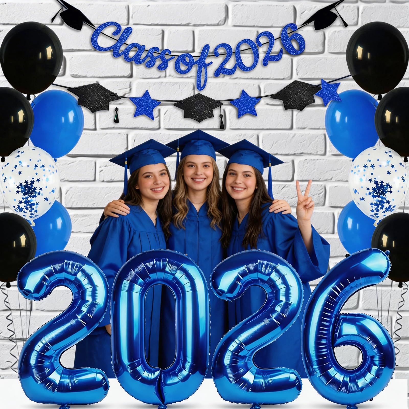 Graduation Balloons Class of 2026, Black Gold Graduation Party Decorations Set with 32in 2026 Number Balloons Confetti Balloon Star Cap Garland Banner for Senior High School College Grad Party Decor
