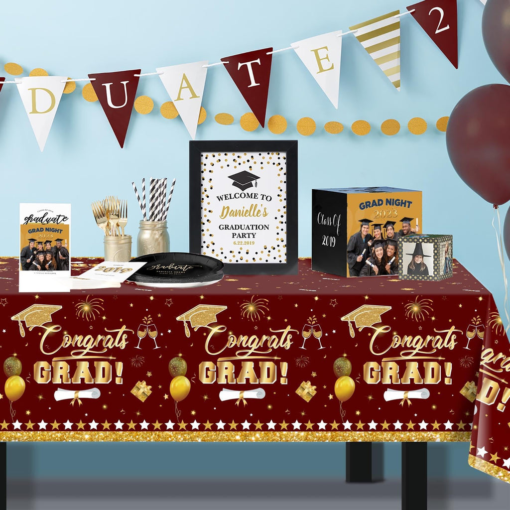 3 Pack Graduation Tablecloth Decorations,54x128inch Black Gold Congrats Grad Disposable Plastic Waterproof Rectangular Table Cloth Cover Decor for Class of 2026 College High School Party Supplies