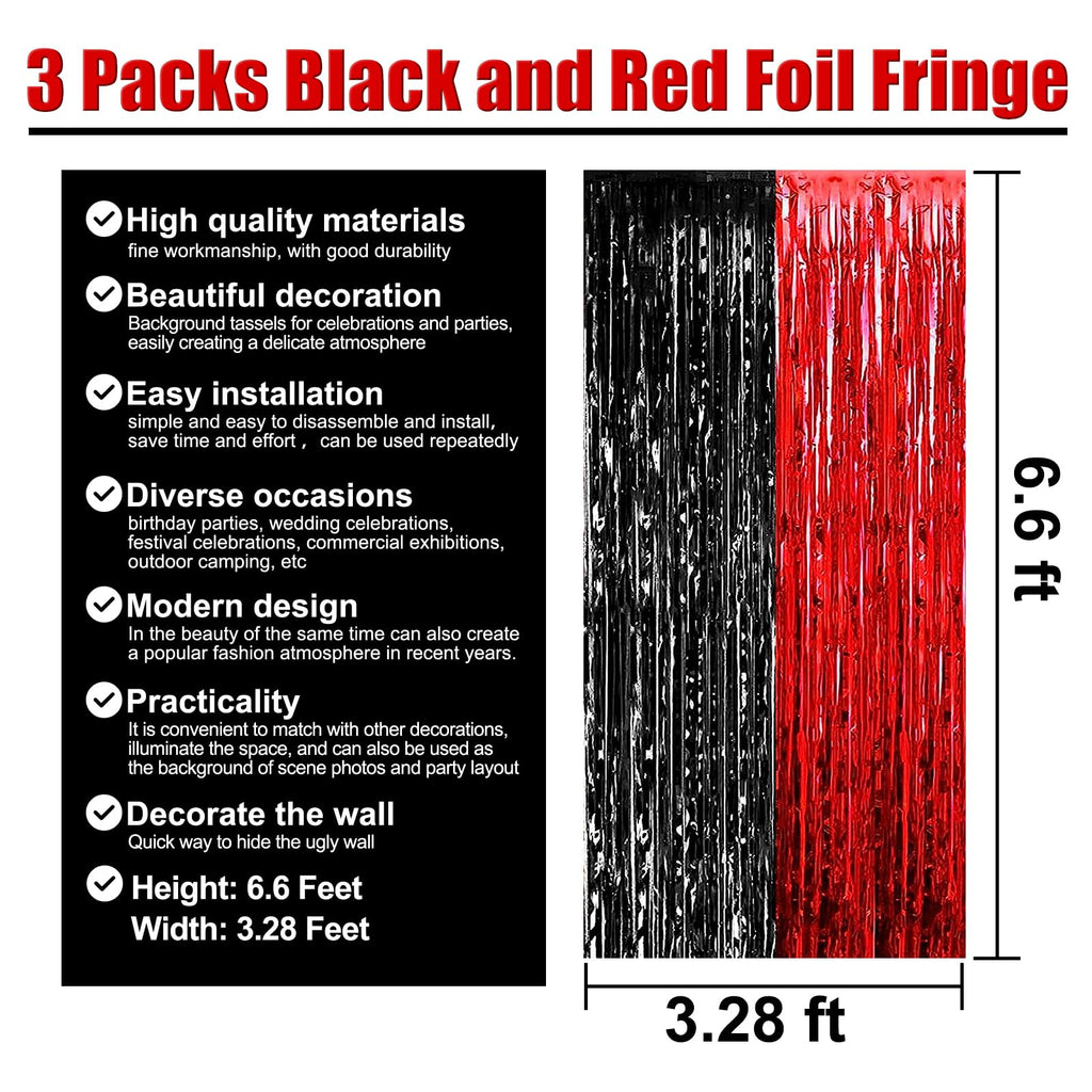 3 Pack Black Gold Silver Foil Fringe Curtain Backdrop, 3.28Ft x6.6Ft Metallic Tinsel Foil Fringe Streamer Curtains for Photo Booth, Halloween, Christmas Day, Wedding, New Year Party Decoration