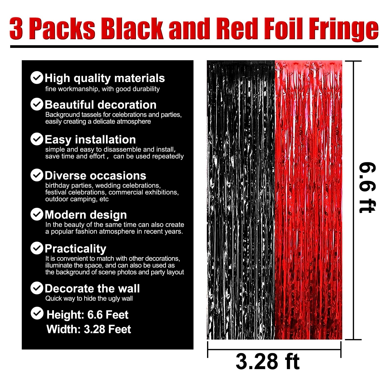 3 Pack Black Gold Silver Foil Fringe Curtain Backdrop, 3.28Ft x6.6Ft Metallic Tinsel Foil Fringe Streamer Curtains for Photo Booth, Halloween, Christmas Day, Wedding, New Year Party Decoration