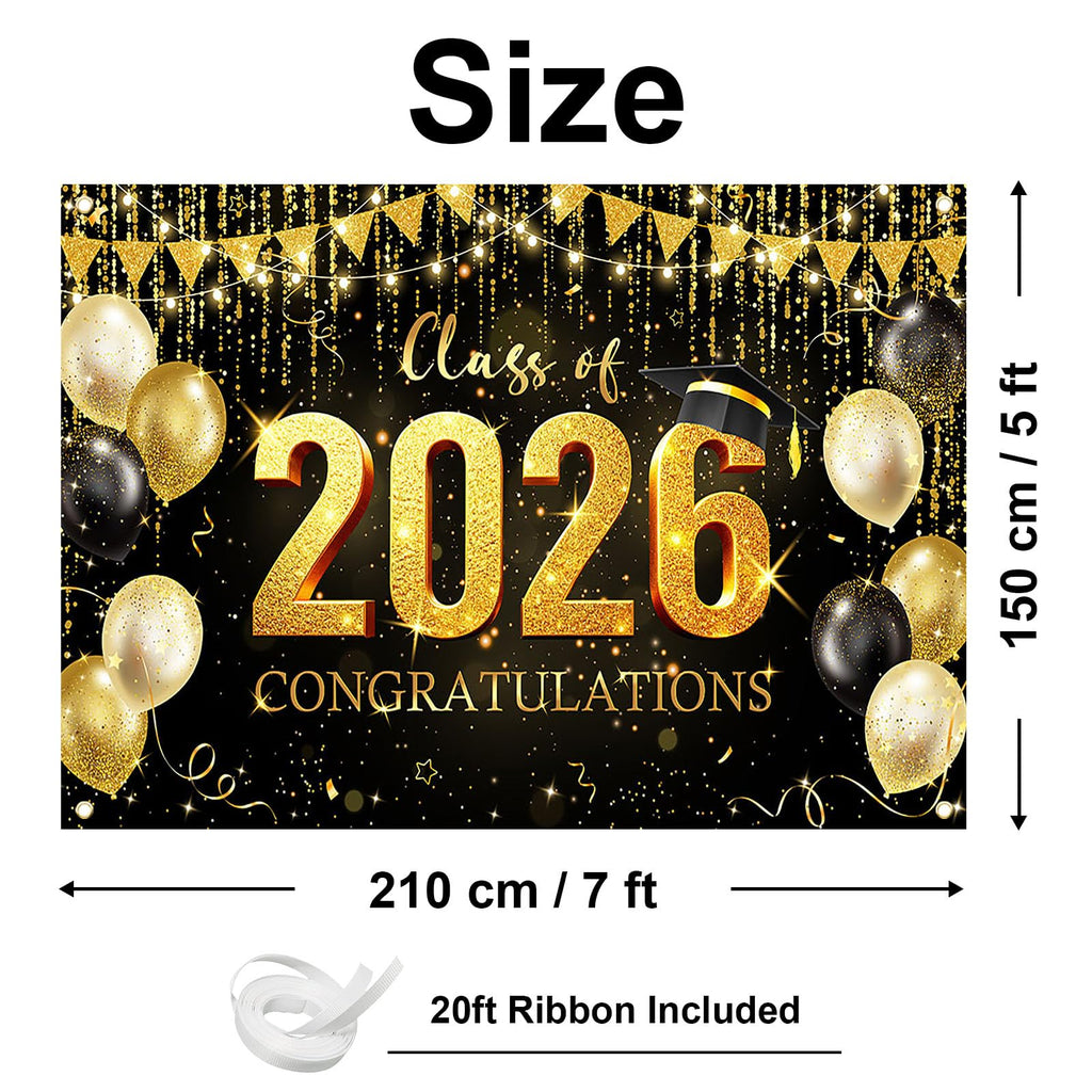 Avezano Graduation Backdrop Black and Gold Congratulations Class of 2026 Banner 2026 Graduation Decorations Photo Booth Background (6x3.6ft)