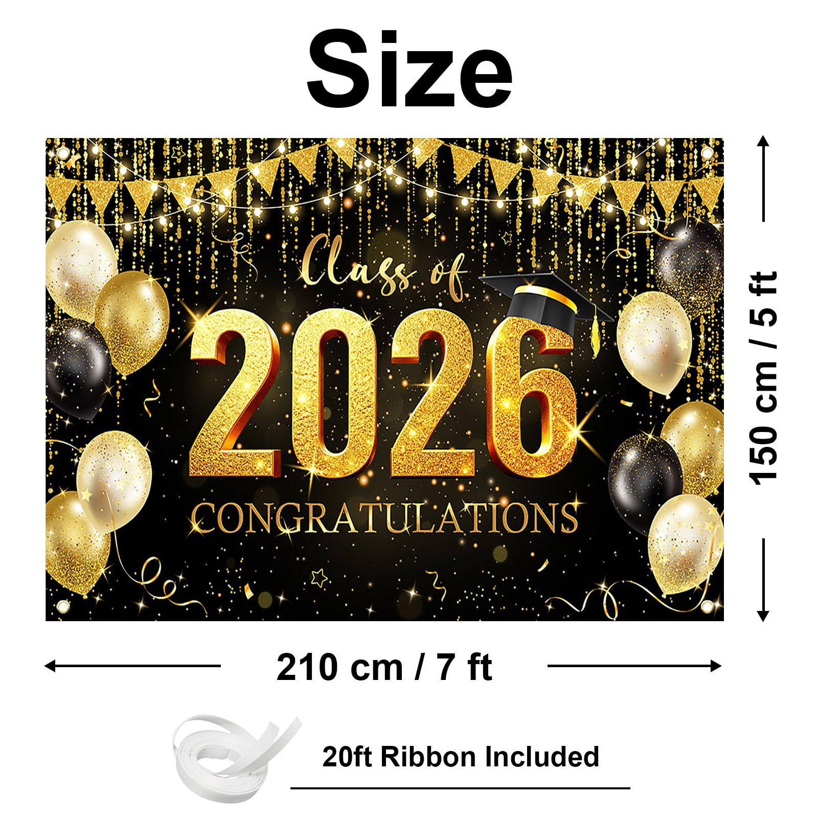 Avezano Graduation Backdrop Black and Gold Congratulations Class of 2026 Banner 2026 Graduation Decorations Photo Booth Background (6x3.6ft)