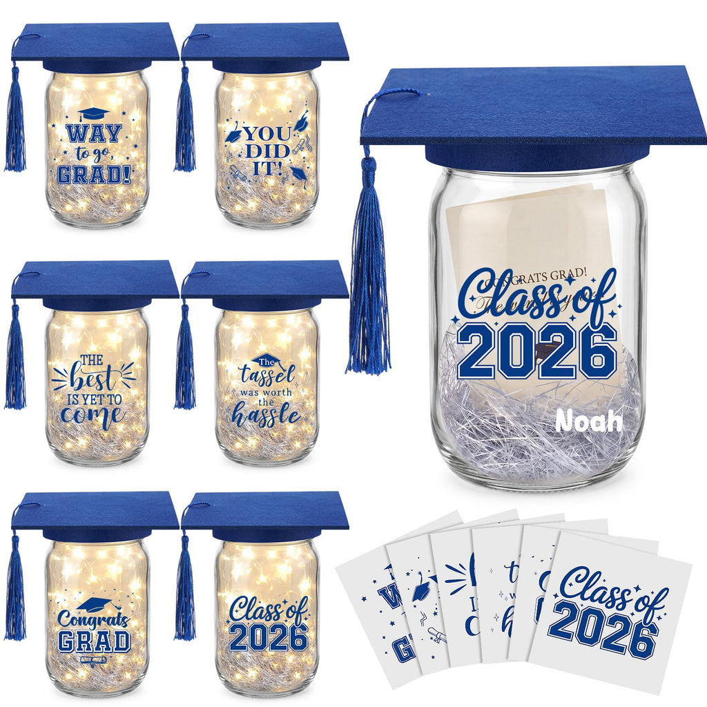 Suclain 6 Set Graduation Table Decorations Glass Mason Money Jars Gifts Class of 2026 Table Centerpieces with Felt Cap Raffia & Sticker for College High School Congrats Grad Parties(Black,Gold Tassel)