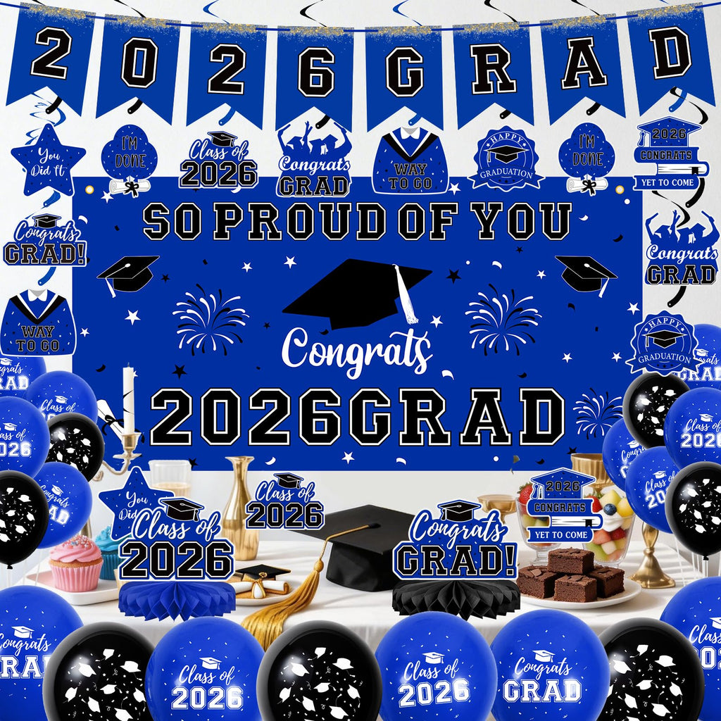 59Pcs Graduation Decorations 2026 Backdrop Balloons Banner Centerpiece Hanging Swirls Grad Class of 2026 Decorations for kindergarten K-12th College Any Grade Black Gold Themed