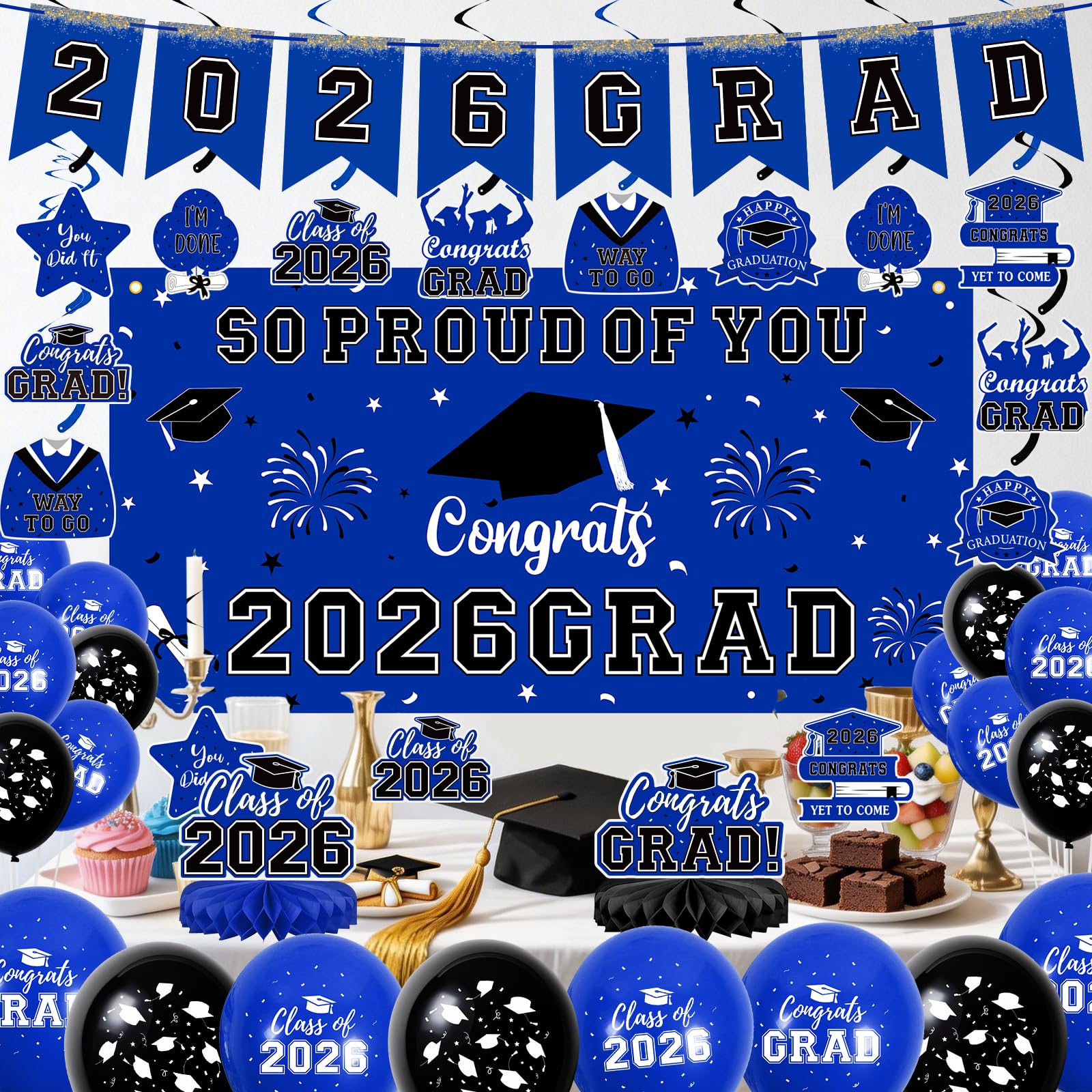 59Pcs Graduation Decorations 2026 Backdrop Balloons Banner Centerpiece Hanging Swirls Grad Class of 2026 Decorations for kindergarten K-12th College Any Grade Black Gold Themed