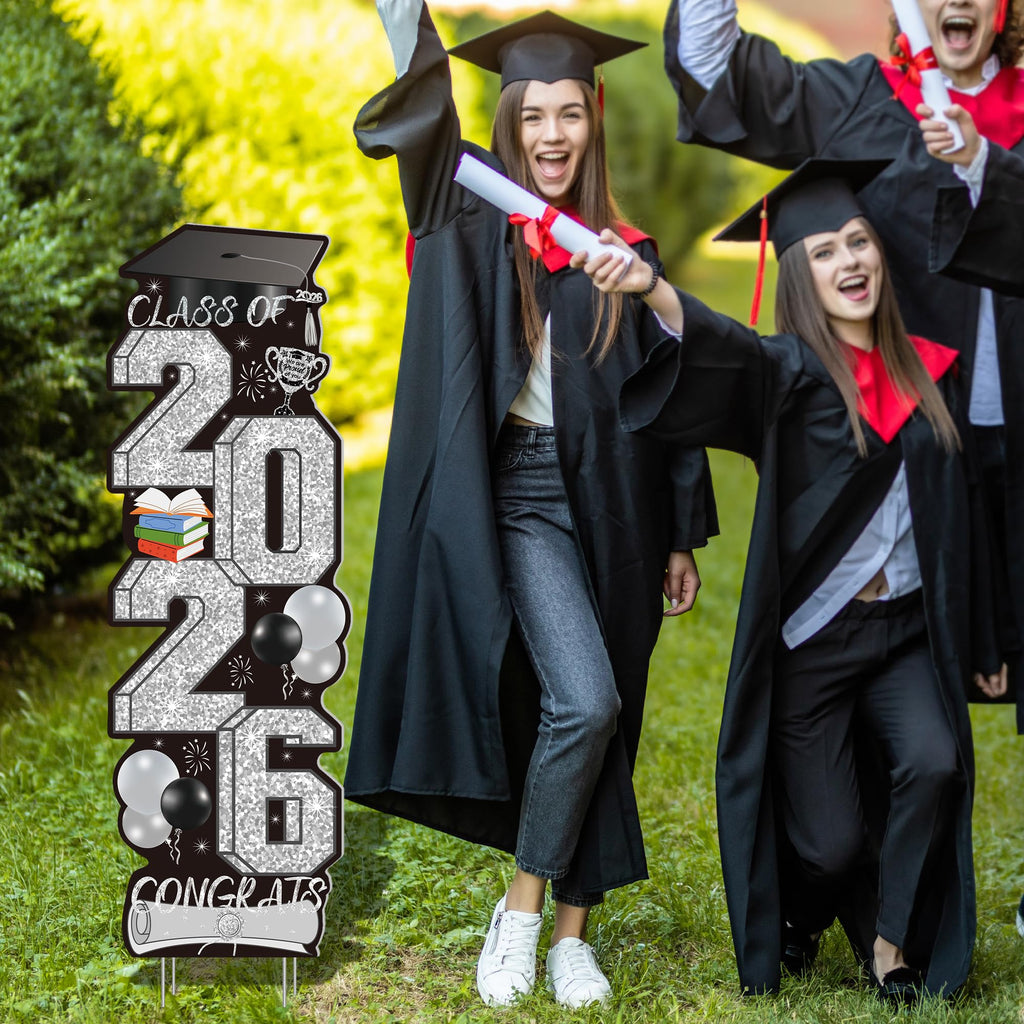 4 Pcs Congrats Grad Sign, Blue Graduation Yard Signs Class of 2026 with Stakes, Yard Sign Graduation 2026 for Indoor Outdoor Grad Party Decorations Backdrop High College School Decor Supplies