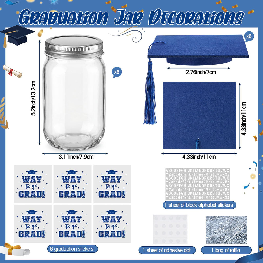 Suclain 6 Set Graduation Table Decorations Glass Mason Money Jars Gifts Class of 2026 Table Centerpieces with Felt Cap Raffia & Sticker for College High School Congrats Grad Parties(Black,Gold Tassel)