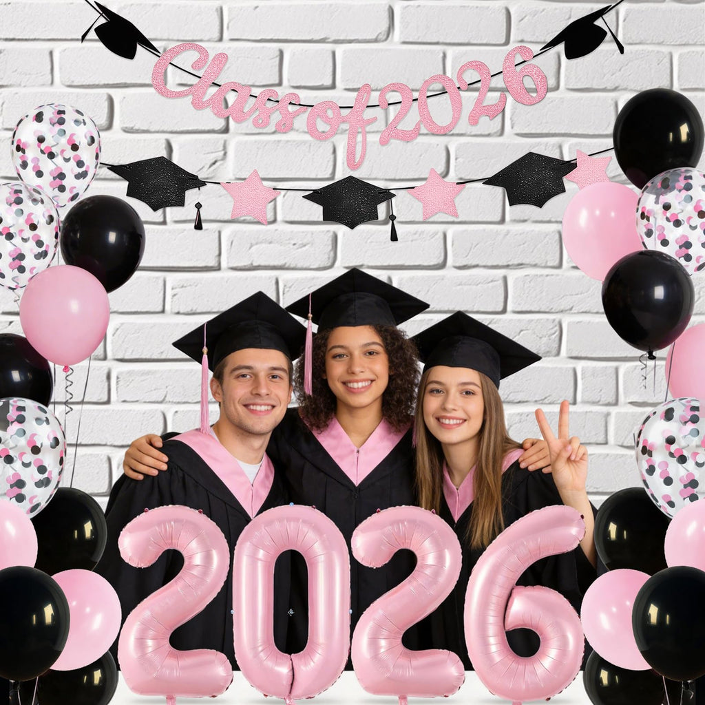 Graduation Balloons Class of 2026, Black Gold Graduation Party Decorations Set with 32in 2026 Number Balloons Confetti Balloon Star Cap Garland Banner for Senior High School College Grad Party Decor
