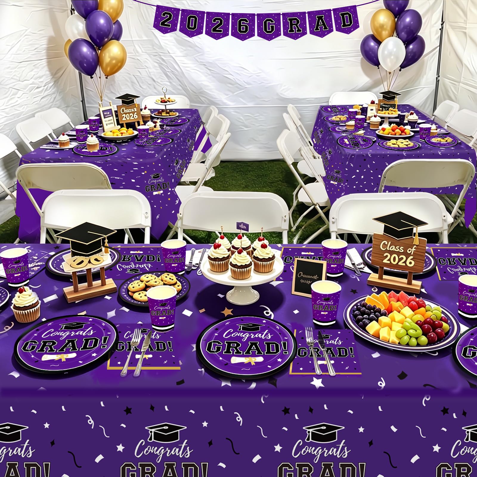 Graduation Decorations 2026 Class of 2026 Congrats Grad Disposable Paper Plates Luncheon Napkins Cocktail Napkins Black Gold Graduation Party Supplies Serve 50