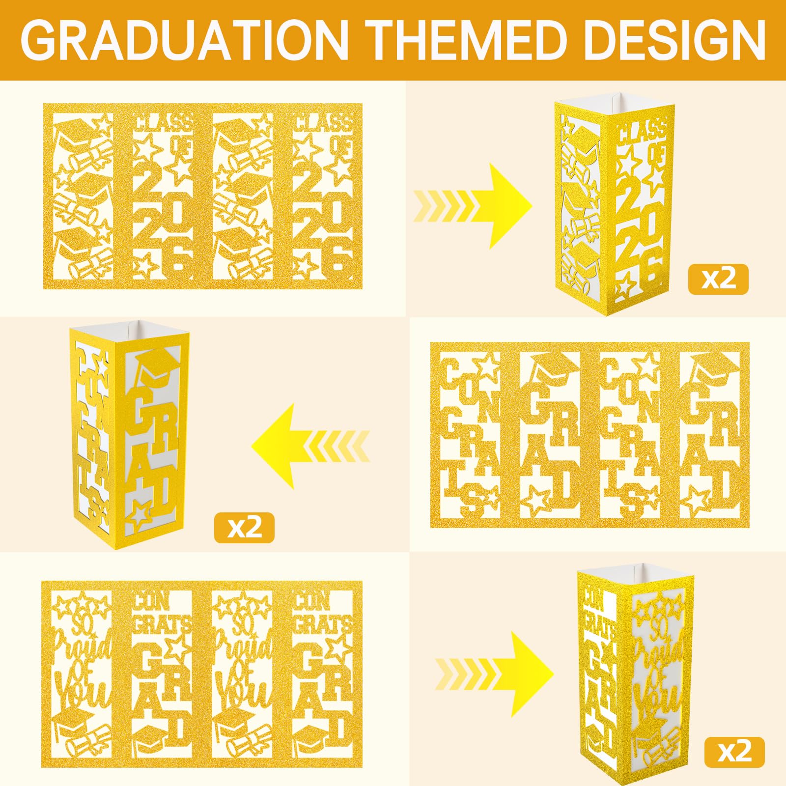6 Pcs Graduation Table Centerpieces Boxes Class of 2026, Golden Graduation Paper Lanterns Boxes with String Lights Hollow Out for Congrats Grad School College Table Decorations Grad Party Photo Props