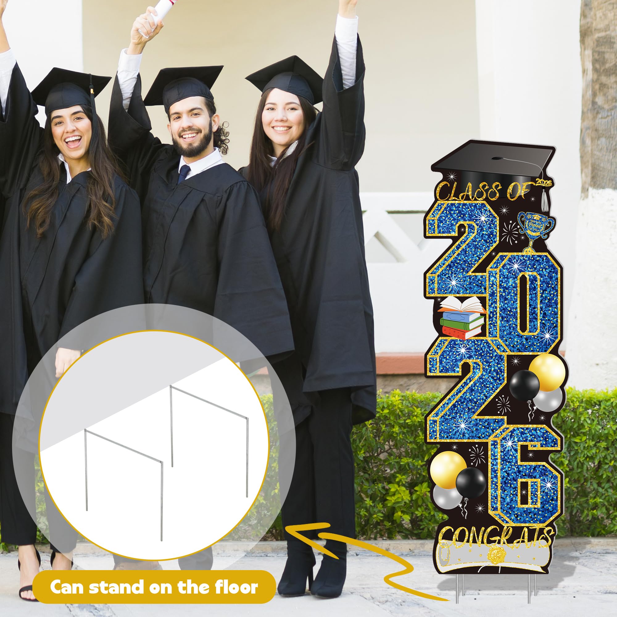 4 Pcs Congrats Grad Sign, Blue Graduation Yard Signs Class of 2026 with Stakes, Yard Sign Graduation 2026 for Indoor Outdoor Grad Party Decorations Backdrop High College School Decor Supplies