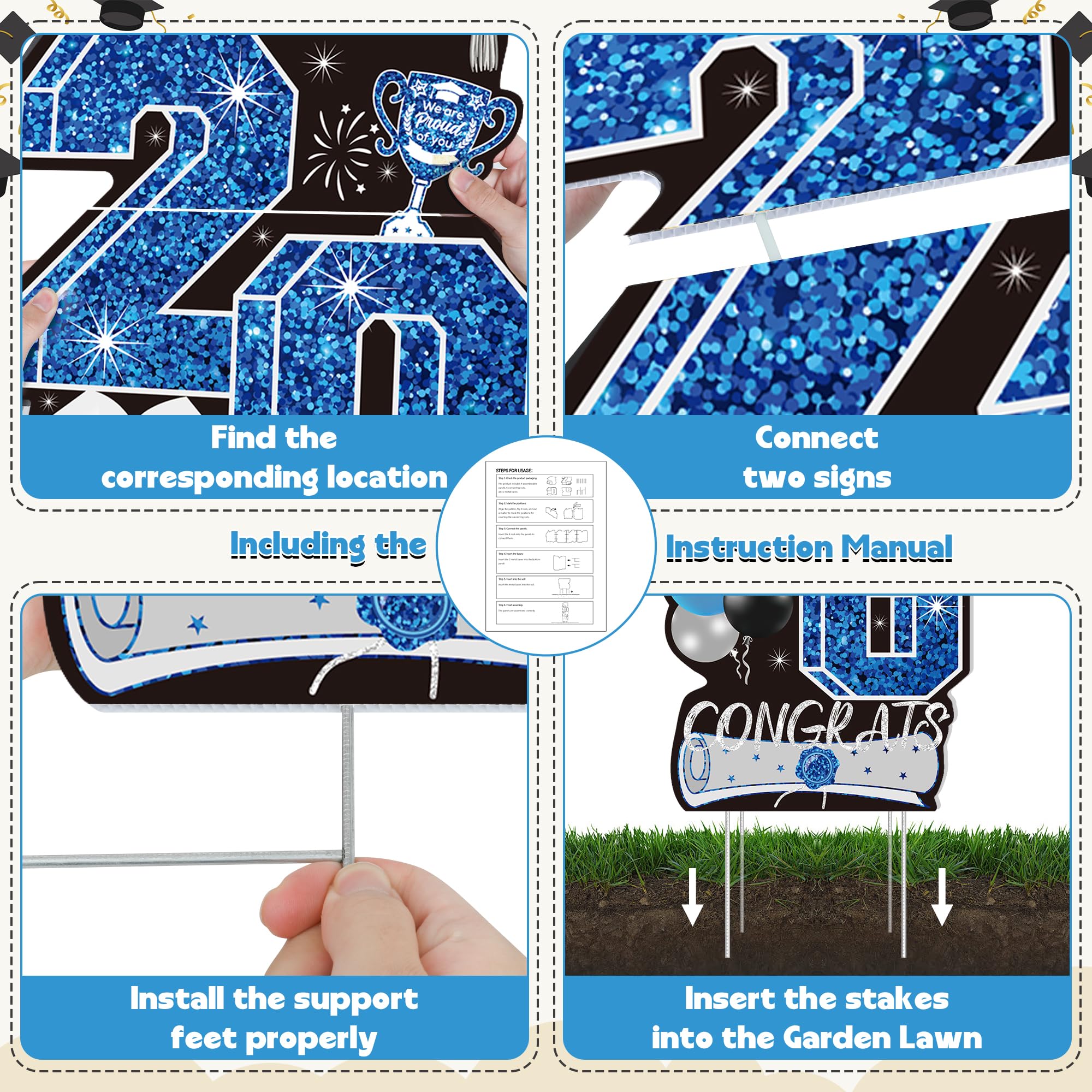 4 Pcs Congrats Grad Sign, Blue Graduation Yard Signs Class of 2026 with Stakes, Yard Sign Graduation 2026 for Indoor Outdoor Grad Party Decorations Backdrop High College School Decor Supplies
