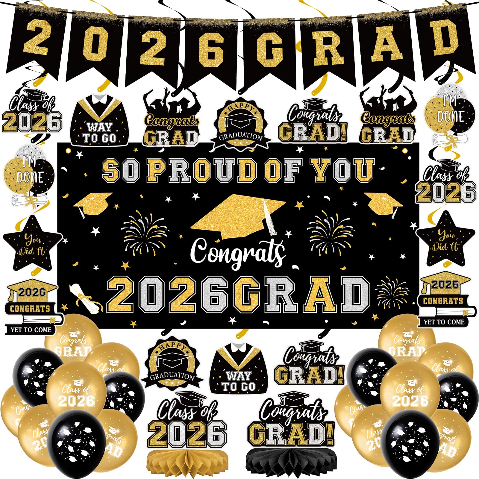 59Pcs Graduation Decorations 2026 Backdrop Balloons Banner Centerpiece Hanging Swirls Grad Class of 2026 Decorations for kindergarten K-12th College Any Grade Black Gold Themed