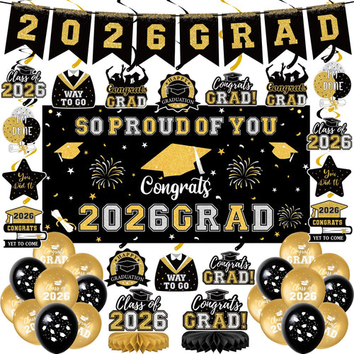 59Pcs Graduation Decorations 2026 Backdrop Balloons Banner Centerpiece Hanging Swirls Grad Class of 2026 Decorations for kindergarten K-12th College Any Grade Black Gold Themed