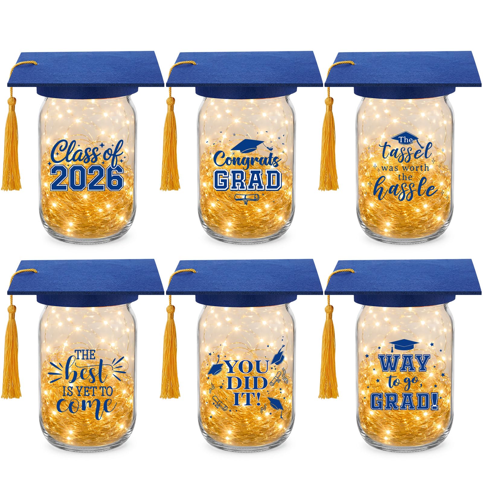 Suclain 6 Set Graduation Table Decorations Glass Mason Money Jars Gifts Class of 2026 Table Centerpieces with Felt Cap Raffia & Sticker for College High School Congrats Grad Parties(Black,Gold Tassel)