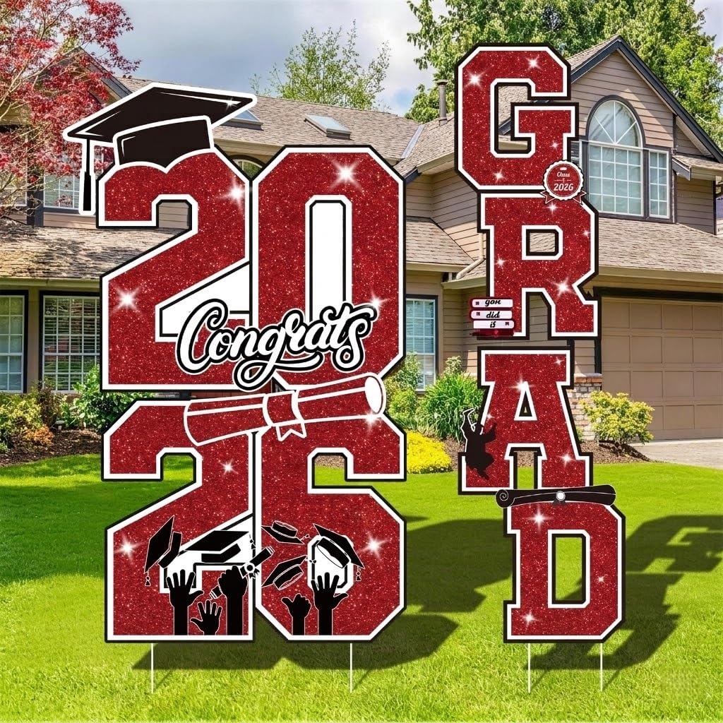 Graduation Yard Sign Class of 2026 Decorations, 4pcs Large Size Black and Gold Congrats Grad 2026 Lawn Yard Sign with Stakes for High School College Indoor Outdoor Graduation Party Decor Supplies