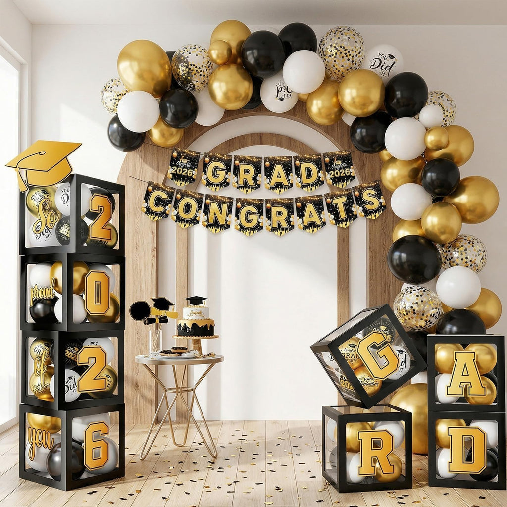Gold and Black Graduation Party Decorations, Grad Balloon Boxes with Letters 2026 GRAD So Proud of You, Grad Balloons and Banner Decorations for Class of 2026 High School Graduation Decor