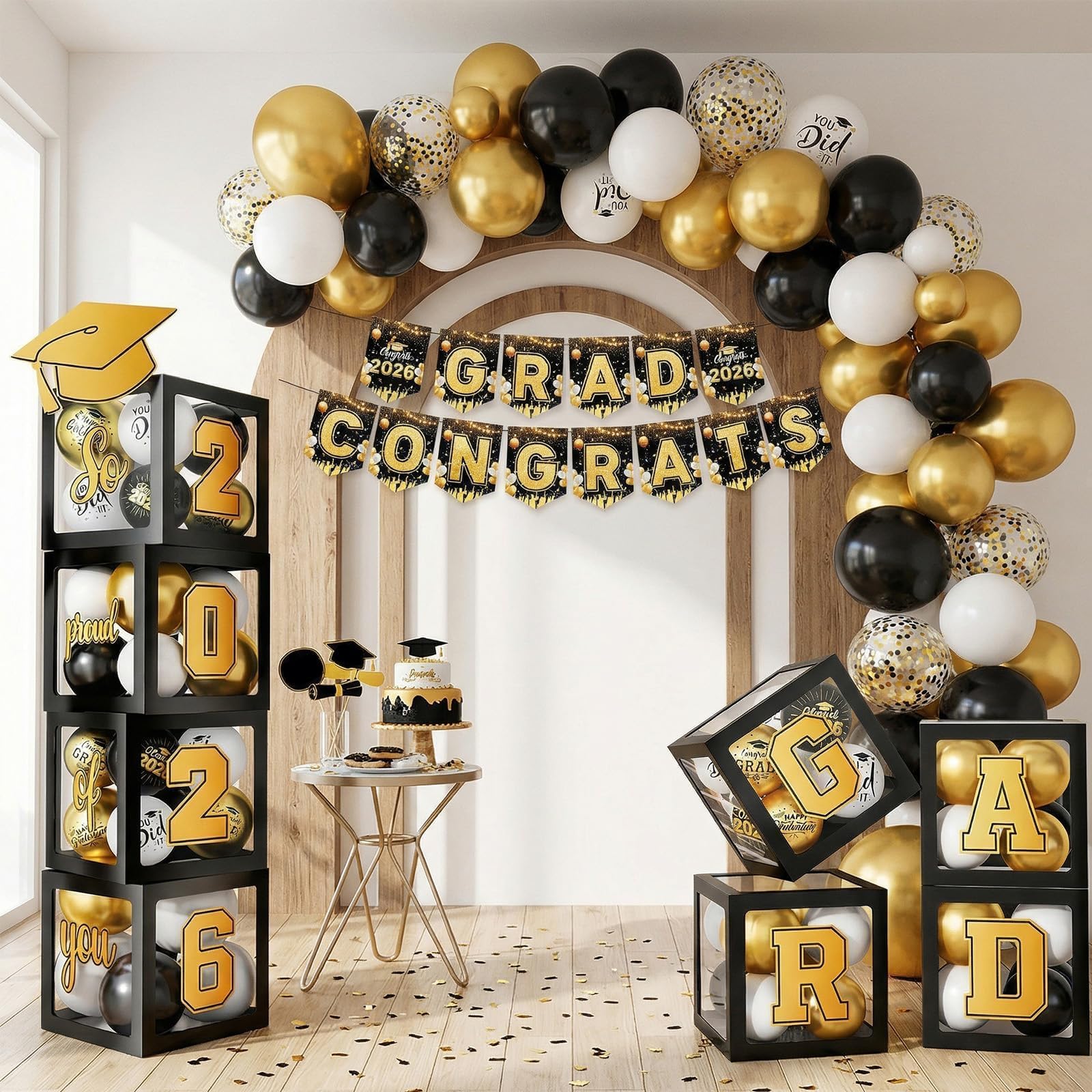 Gold and Black Graduation Party Decorations, Grad Balloon Boxes with Letters 2026 GRAD So Proud of You, Grad Balloons and Banner Decorations for Class of 2026 High School Graduation Decor