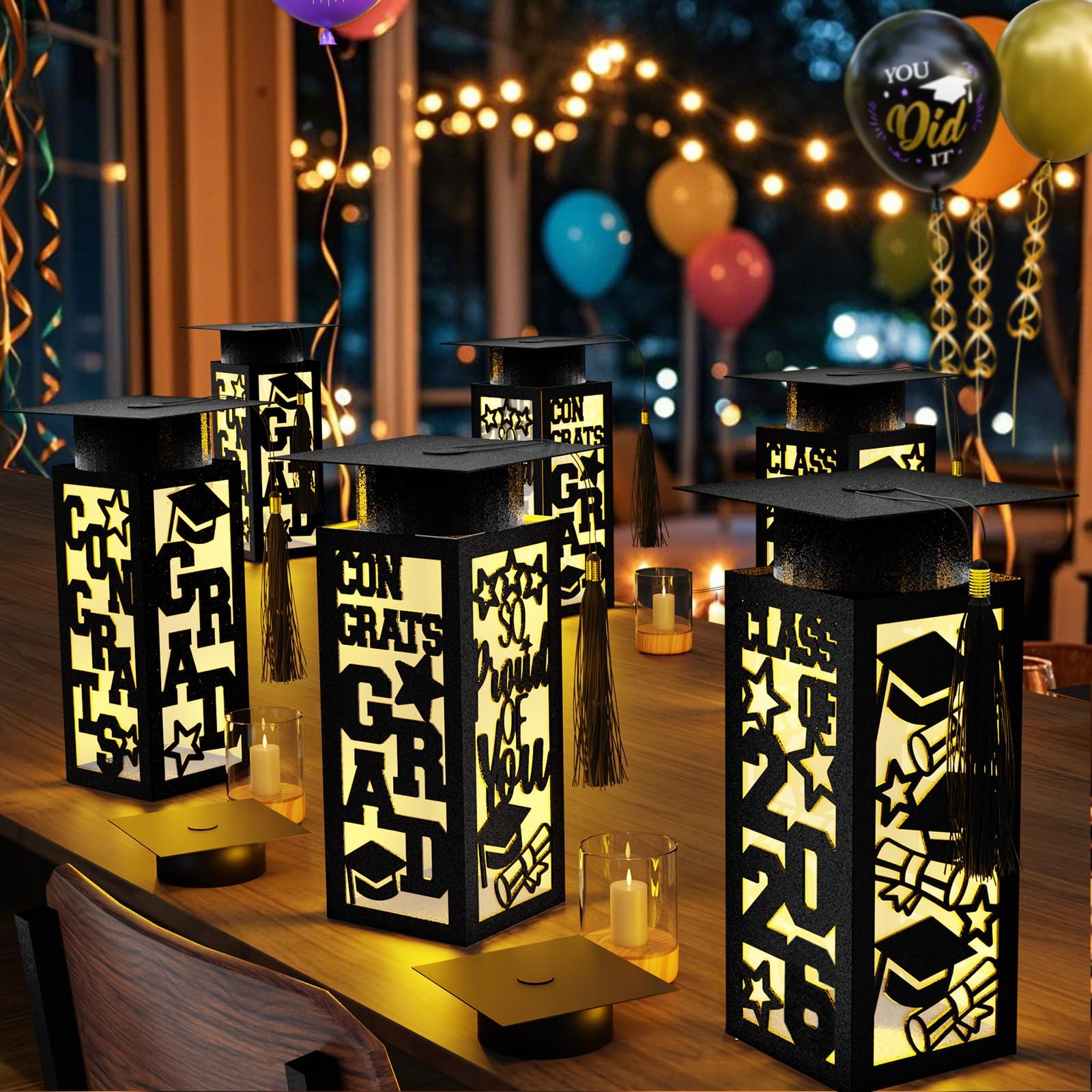 6 Pcs Graduation Table Centerpieces Boxes Class of 2026, Golden Graduation Paper Lanterns Boxes with String Lights Hollow Out for Congrats Grad School College Table Decorations Grad Party Photo Props