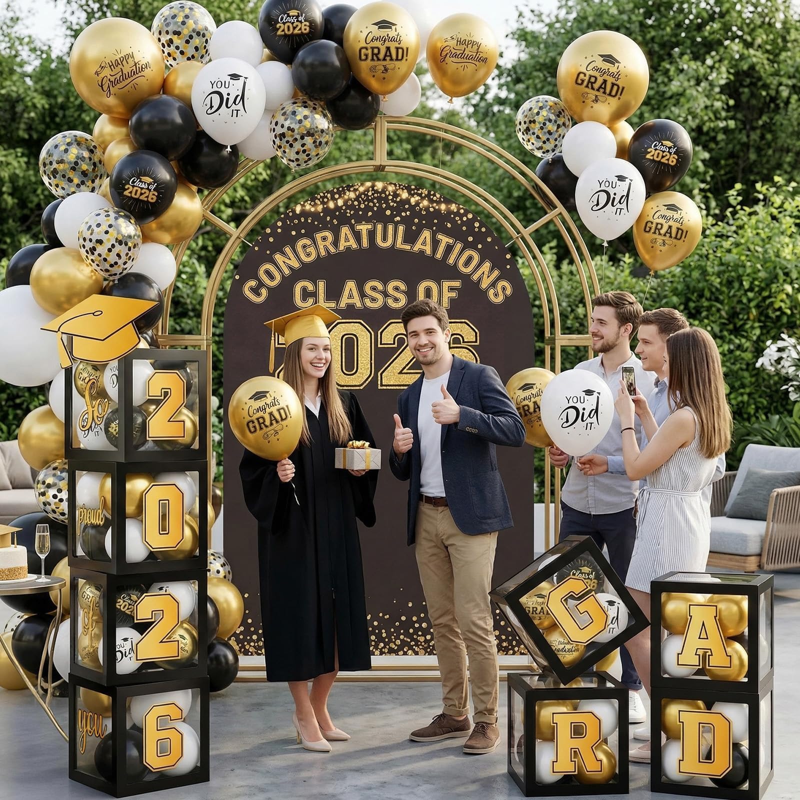 Gold and Black Graduation Party Decorations, Grad Balloon Boxes with Letters 2026 GRAD So Proud of You, Grad Balloons and Banner Decorations for Class of 2026 High School Graduation Decor