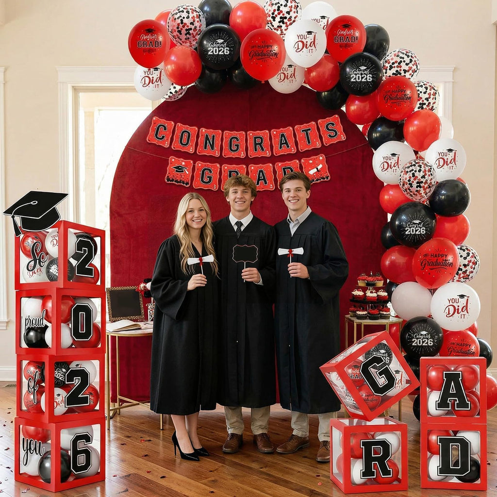 Gold and Black Graduation Party Decorations, Grad Balloon Boxes with Letters 2026 GRAD So Proud of You, Grad Balloons and Banner Decorations for Class of 2026 High School Graduation Decor