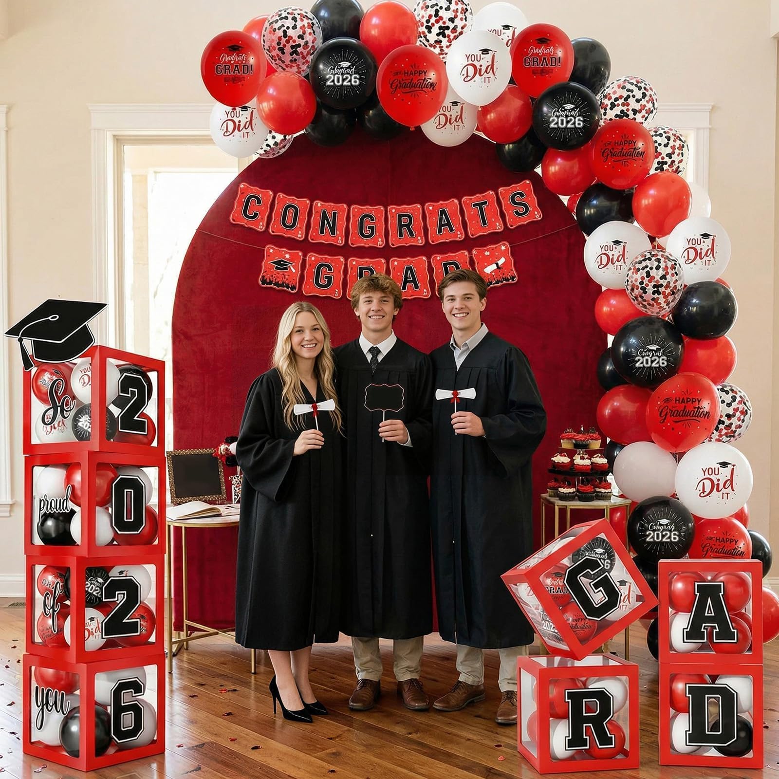 Gold and Black Graduation Party Decorations, Grad Balloon Boxes with Letters 2026 GRAD So Proud of You, Grad Balloons and Banner Decorations for Class of 2026 High School Graduation Decor