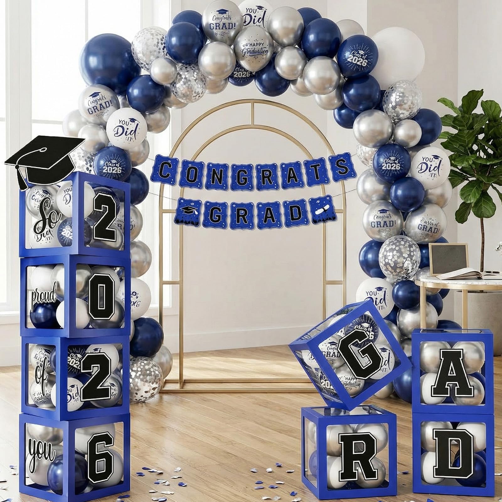 Gold and Black Graduation Party Decorations, Grad Balloon Boxes with Letters 2026 GRAD So Proud of You, Grad Balloons and Banner Decorations for Class of 2026 High School Graduation Decor