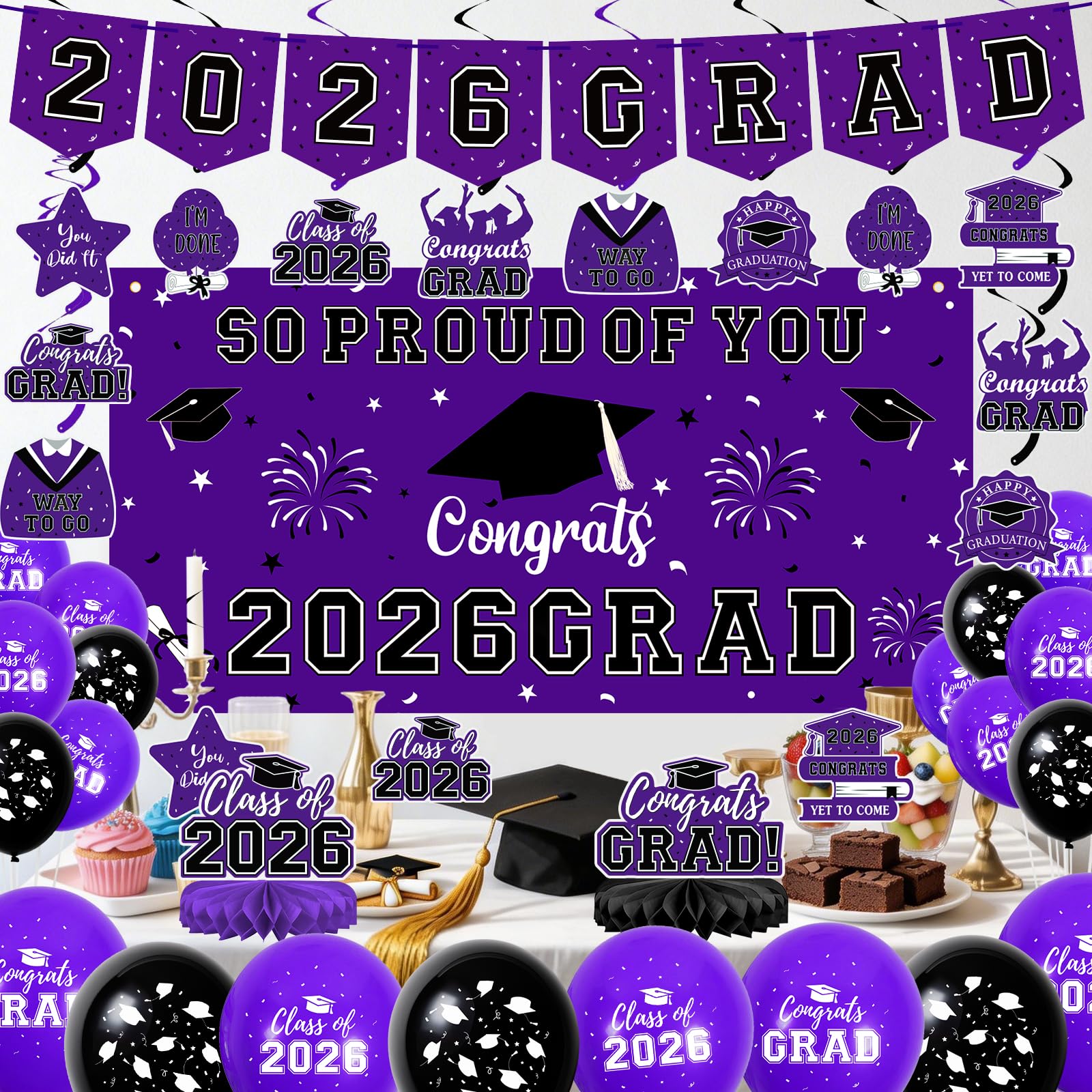 59Pcs Graduation Decorations 2026 Backdrop Balloons Banner Centerpiece Hanging Swirls Grad Class of 2026 Decorations for kindergarten K-12th College Any Grade Black Gold Themed