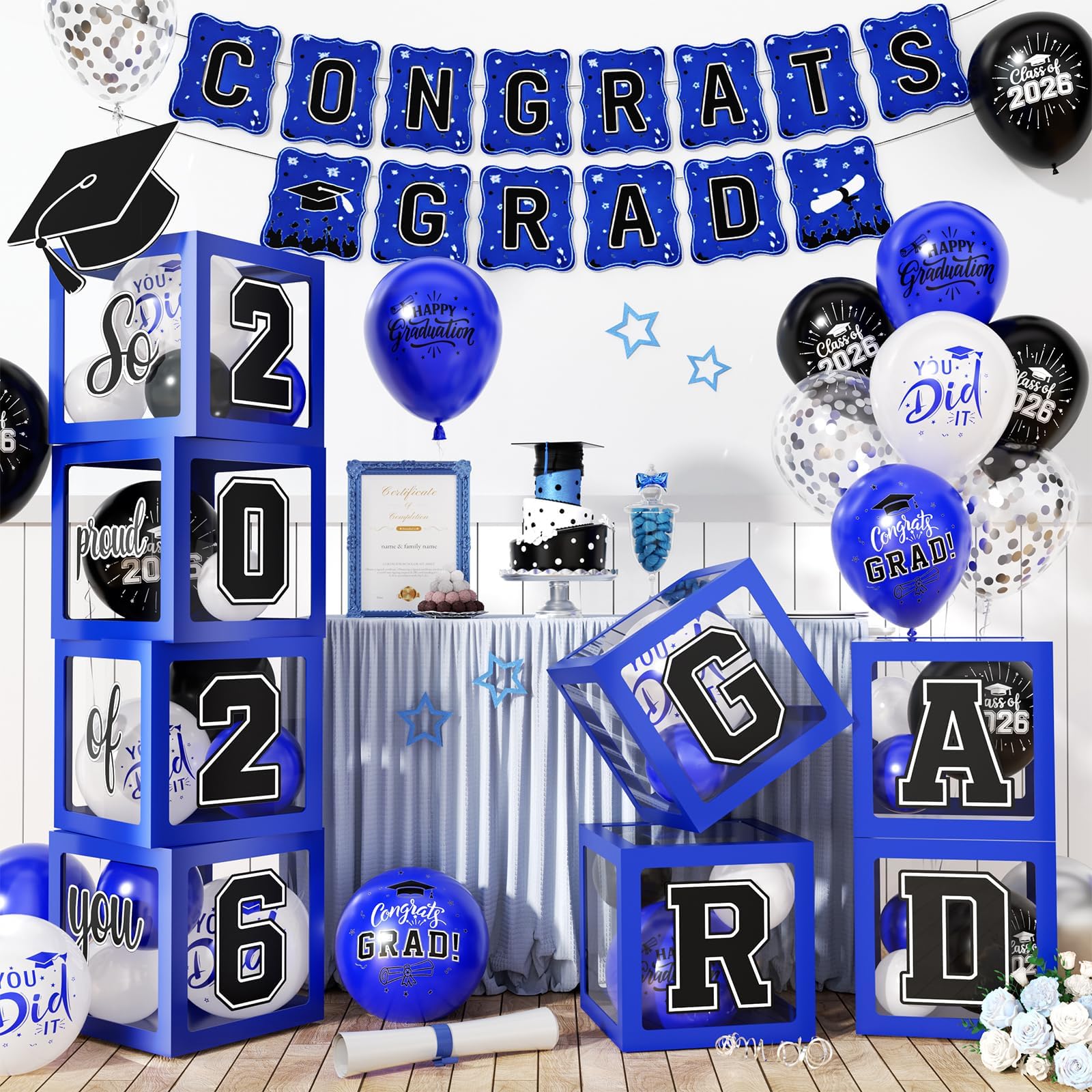 Gold and Black Graduation Party Decorations, Grad Balloon Boxes with Letters 2026 GRAD So Proud of You, Grad Balloons and Banner Decorations for Class of 2026 High School Graduation Decor