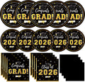 Graduation Decorations 2026 Class of 2026 Congrats Grad Disposable Paper Plates Luncheon Napkins Cocktail Napkins Black Gold Graduation Party Supplies Serve 50