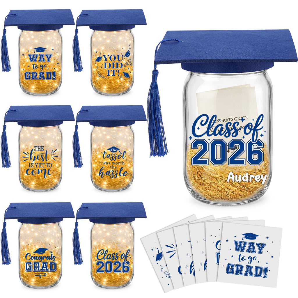 Suclain 6 Set Graduation Table Decorations Glass Mason Money Jars Gifts Class of 2026 Table Centerpieces with Felt Cap Raffia & Sticker for College High School Congrats Grad Parties(Black,Gold Tassel)