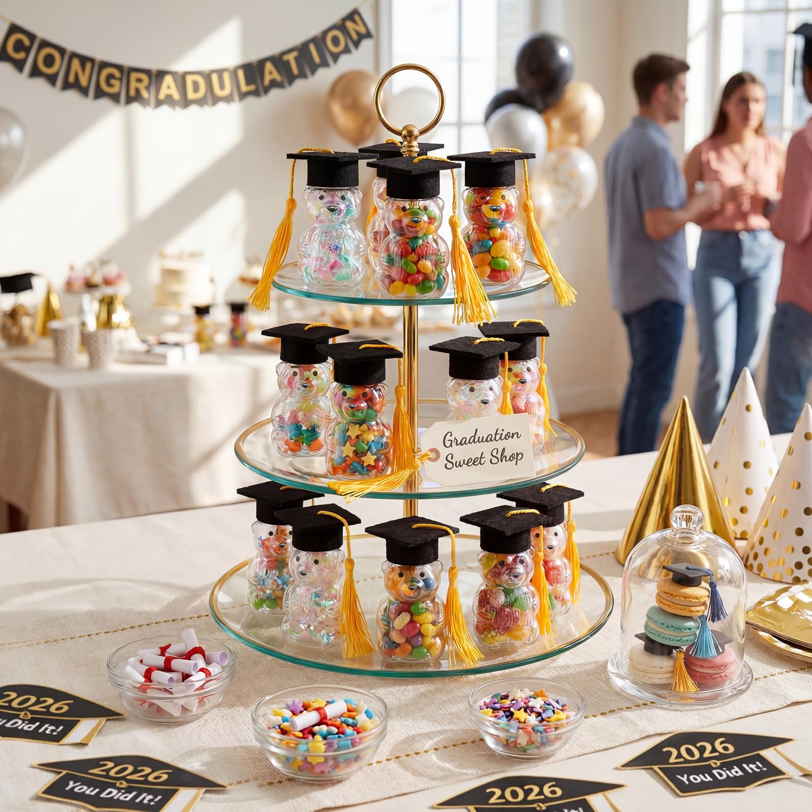 15 Set Graduation Cap Bear Jars Graduation Candy Boxes Containers Plastic Clear Bear Jars with Black Grad Cap and Tassel Grad Gifts Bulk for Party Favors Decorations (60 ml,Black Eyes)