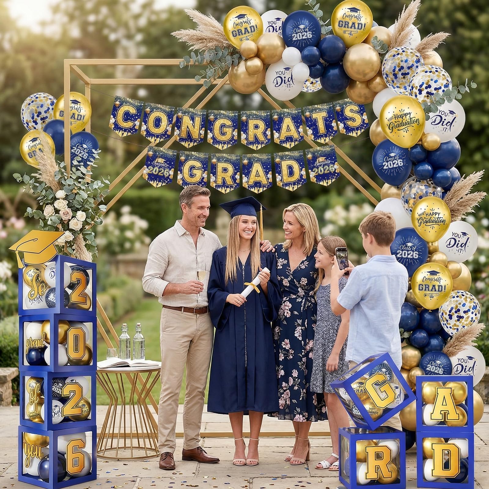 Gold and Black Graduation Party Decorations, Grad Balloon Boxes with Letters 2026 GRAD So Proud of You, Grad Balloons and Banner Decorations for Class of 2026 High School Graduation Decor