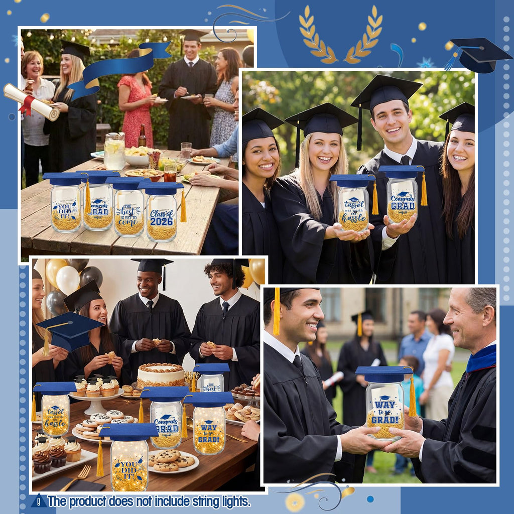 Suclain 6 Set Graduation Table Decorations Glass Mason Money Jars Gifts Class of 2026 Table Centerpieces with Felt Cap Raffia & Sticker for College High School Congrats Grad Parties(Black,Gold Tassel)