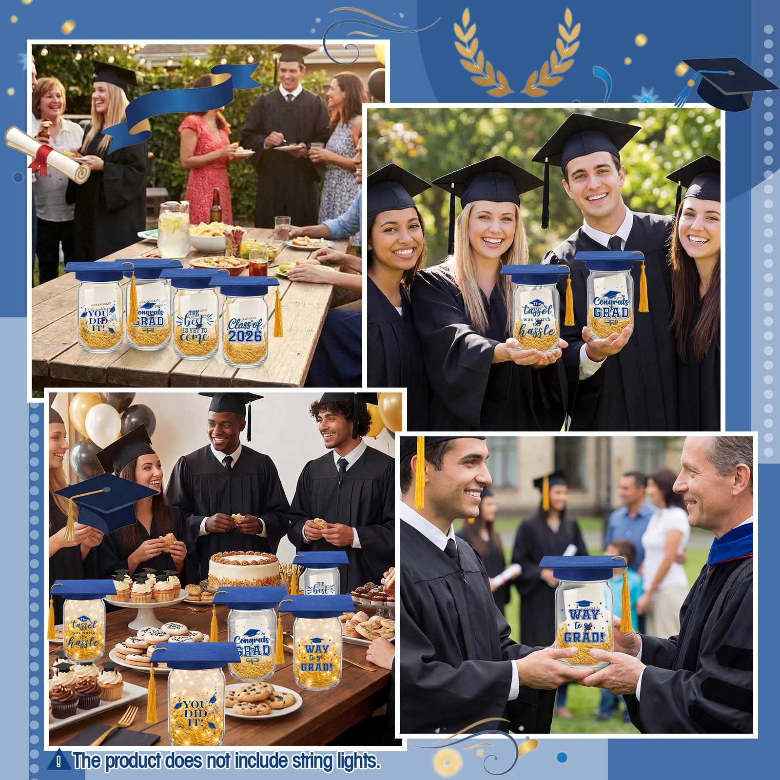 Suclain 6 Set Graduation Table Decorations Glass Mason Money Jars Gifts Class of 2026 Table Centerpieces with Felt Cap Raffia & Sticker for College High School Congrats Grad Parties(Black,Gold Tassel)