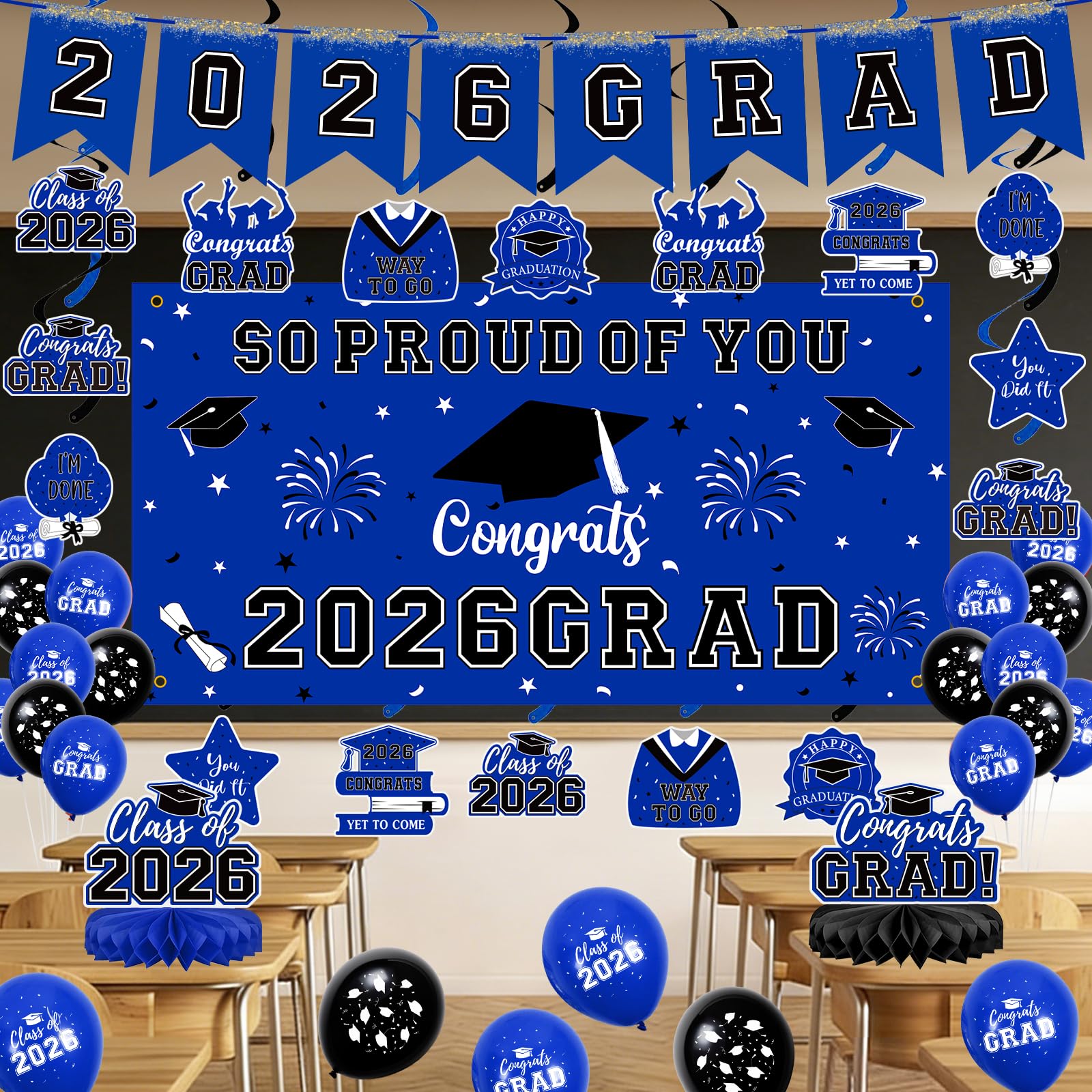 59Pcs Graduation Decorations 2026 Backdrop Balloons Banner Centerpiece Hanging Swirls Grad Class of 2026 Decorations for kindergarten K-12th College Any Grade Black Gold Themed