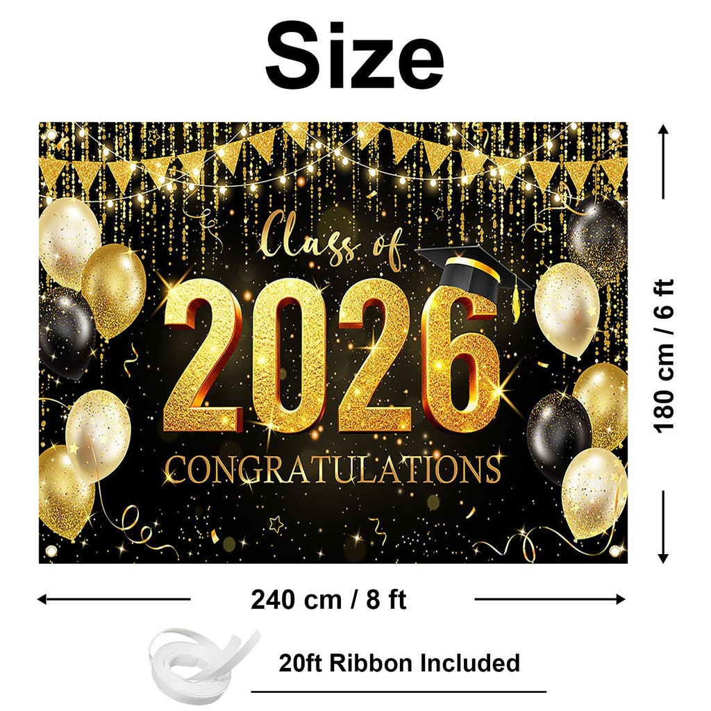 Avezano Graduation Backdrop Black and Gold Congratulations Class of 2026 Banner 2026 Graduation Decorations Photo Booth Background (6x3.6ft)