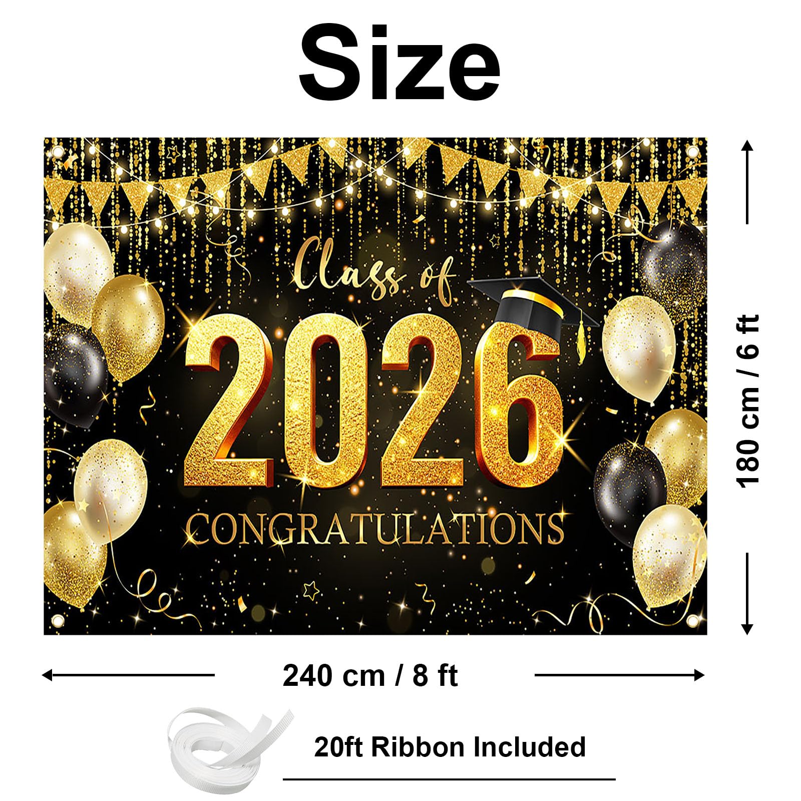 Avezano Graduation Backdrop Black and Gold Congratulations Class of 2026 Banner 2026 Graduation Decorations Photo Booth Background (6x3.6ft)