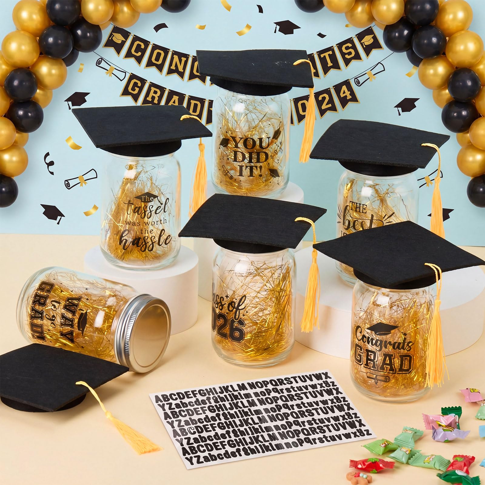 Suclain 6 Set Graduation Table Decorations Glass Mason Money Jars Gifts Class of 2026 Table Centerpieces with Felt Cap Raffia & Sticker for College High School Congrats Grad Parties(Black,Gold Tassel)