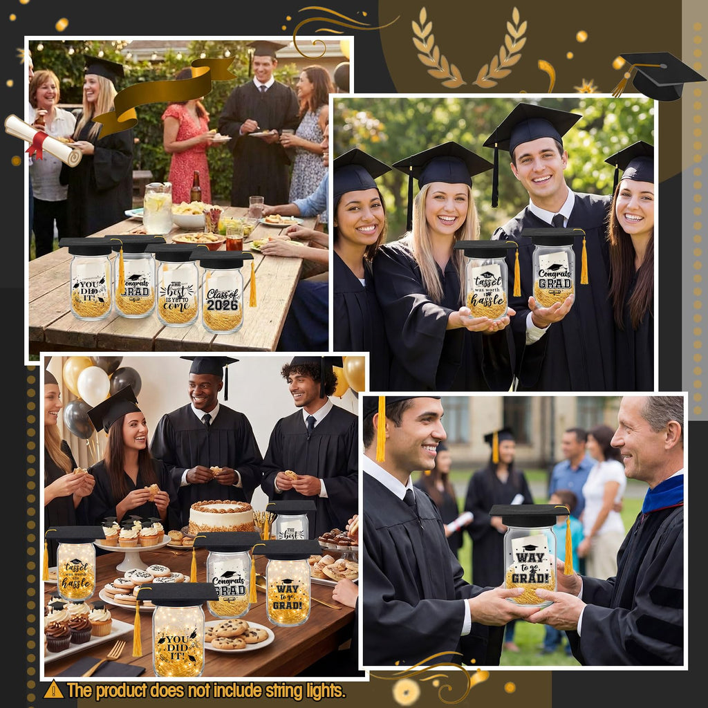 Suclain 6 Set Graduation Table Decorations Glass Mason Money Jars Gifts Class of 2026 Table Centerpieces with Felt Cap Raffia & Sticker for College High School Congrats Grad Parties(Black,Gold Tassel)