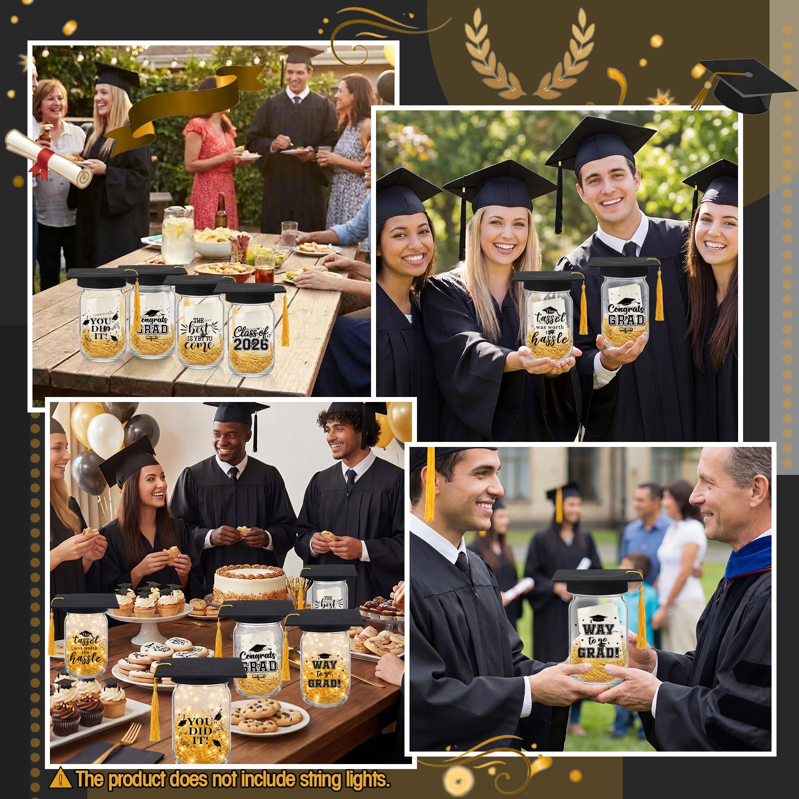 Suclain 6 Set Graduation Table Decorations Glass Mason Money Jars Gifts Class of 2026 Table Centerpieces with Felt Cap Raffia & Sticker for College High School Congrats Grad Parties(Black,Gold Tassel)