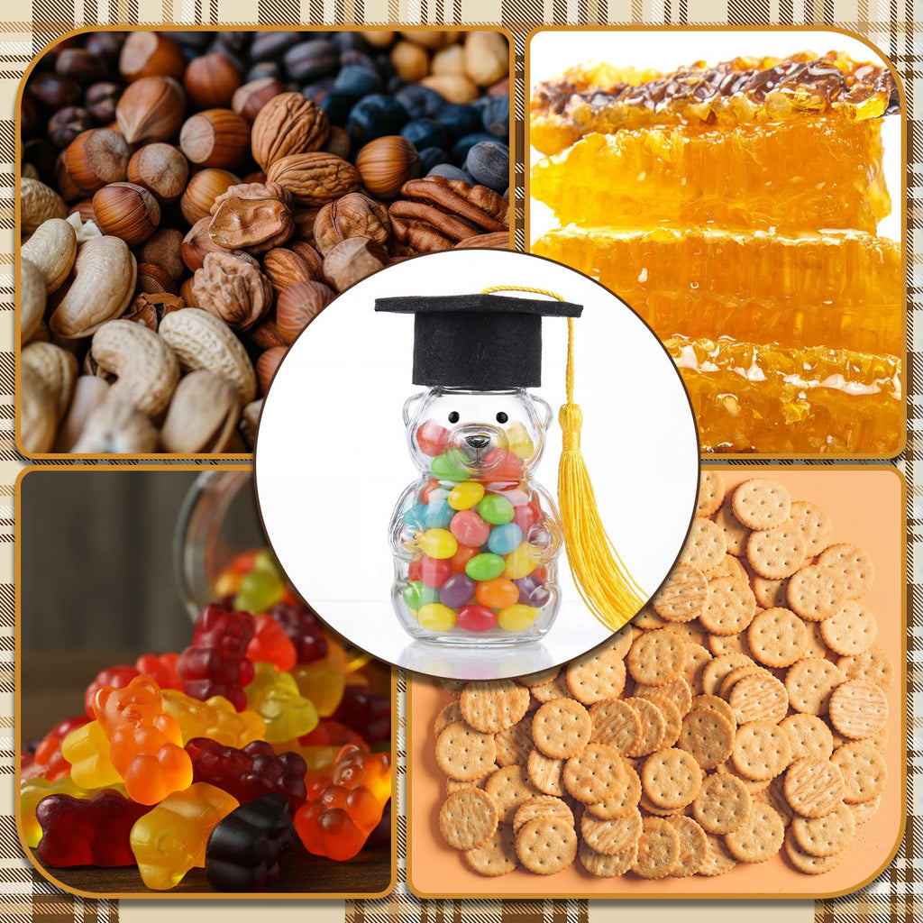 15 Set Graduation Cap Bear Jars Graduation Candy Boxes Containers Plastic Clear Bear Jars with Black Grad Cap and Tassel Grad Gifts Bulk for Party Favors Decorations (60 ml,Black Eyes)
