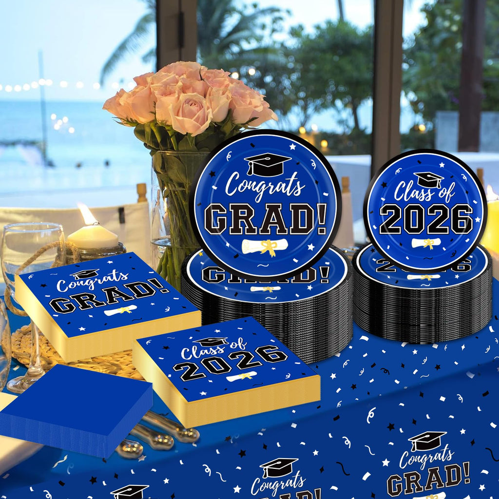 Graduation Decorations 2026 Class of 2026 Congrats Grad Disposable Paper Plates Luncheon Napkins Cocktail Napkins Black Gold Graduation Party Supplies Serve 50