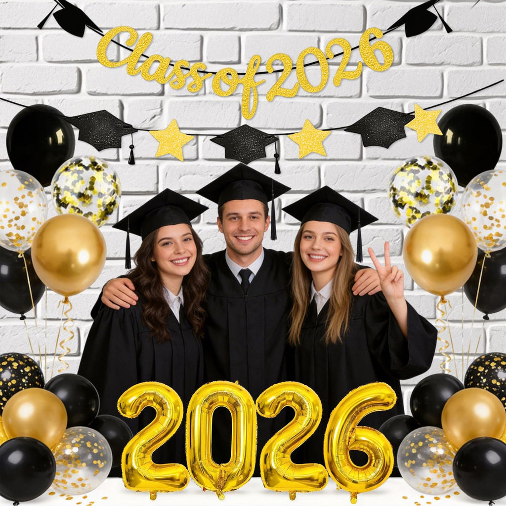 Graduation Balloons Class of 2026, Black Gold Graduation Party Decorations Set with 32in 2026 Number Balloons Confetti Balloon Star Cap Garland Banner for Senior High School College Grad Party Decor