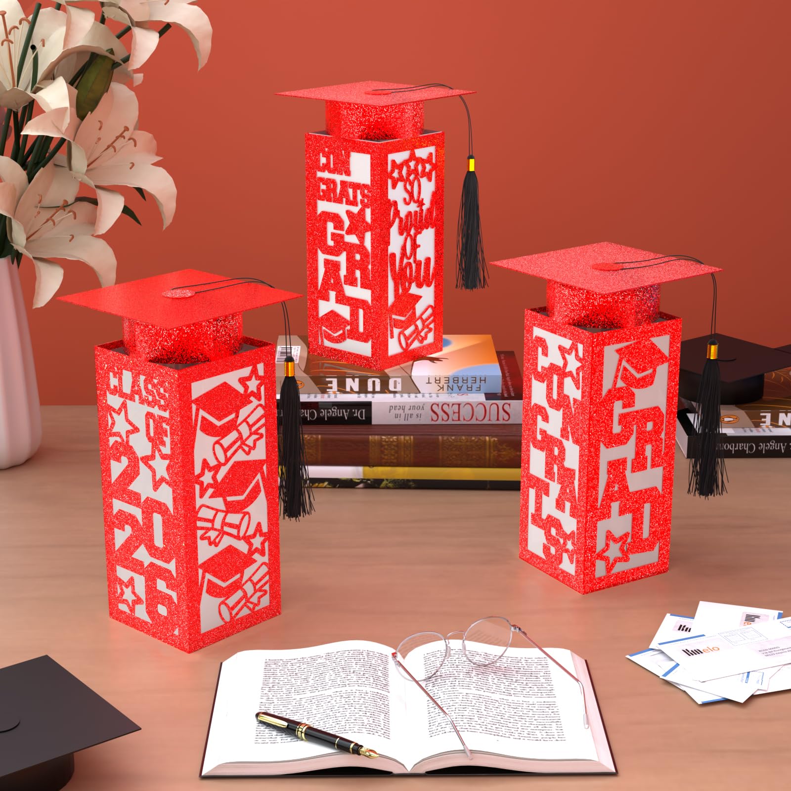 6 Pcs Graduation Table Centerpieces Boxes Class of 2026, Golden Graduation Paper Lanterns Boxes with String Lights Hollow Out for Congrats Grad School College Table Decorations Grad Party Photo Props