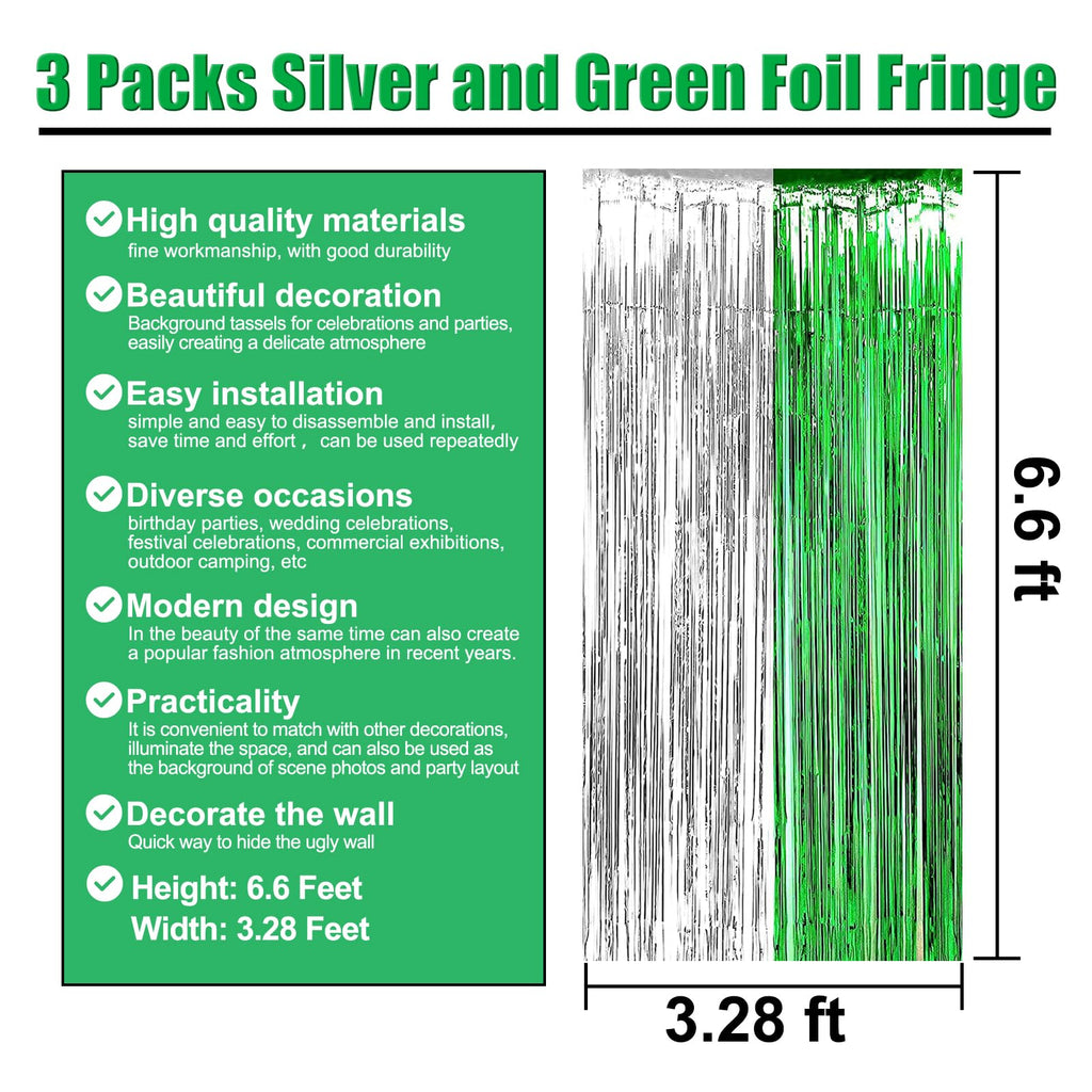 3 Pack Black Gold Silver Foil Fringe Curtain Backdrop, 3.28Ft x6.6Ft Metallic Tinsel Foil Fringe Streamer Curtains for Photo Booth, Halloween, Christmas Day, Wedding, New Year Party Decoration