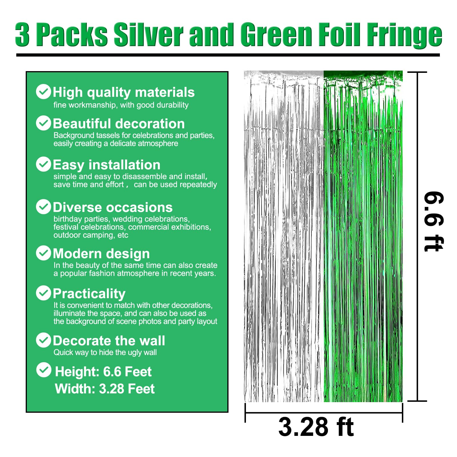 3 Pack Black Gold Silver Foil Fringe Curtain Backdrop, 3.28Ft x6.6Ft Metallic Tinsel Foil Fringe Streamer Curtains for Photo Booth, Halloween, Christmas Day, Wedding, New Year Party Decoration