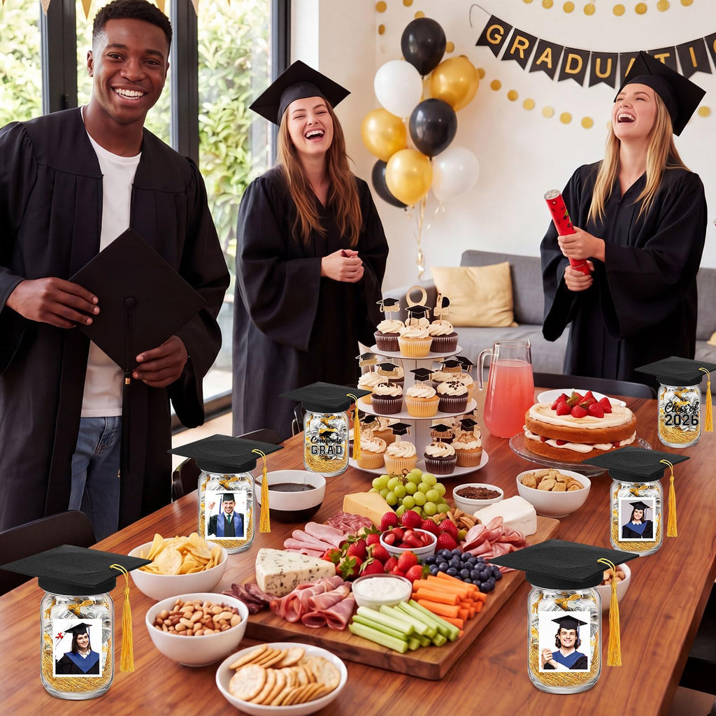 Suclain 6 Set Graduation Table Decorations Glass Mason Money Jars Gifts Class of 2026 Table Centerpieces with Felt Cap Raffia & Sticker for College High School Congrats Grad Parties(Black,Gold Tassel)
