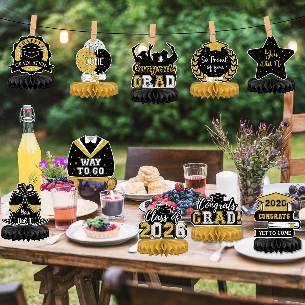 10Pcs Graduation Decorations 2026 Class of 2026 Congrats Grad Table Honeycomb Centerpieces Graduation Party Supplies for kindergarten K-12th College Any Grade Black